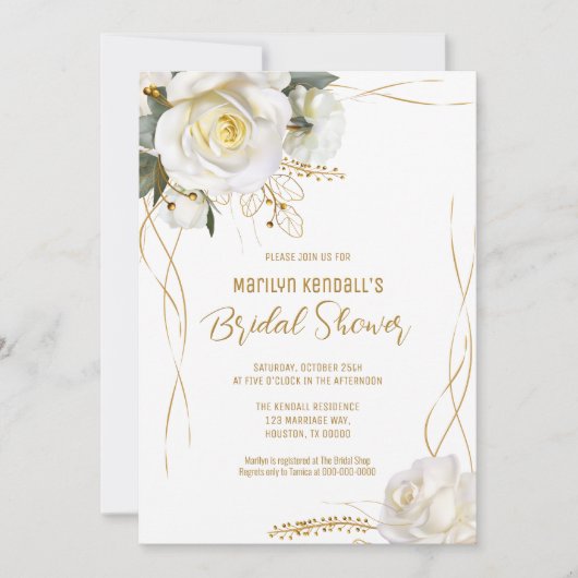 ホワイトローズ金ゴールドロマンチックフローラ 招待状 (正面)