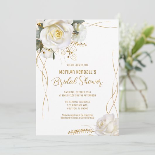 ホワイトローズ金ゴールドロマンチックフローラ 招待状 (スタンド正面)