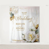 ホワイトローズ金ゴールドロマンチック結婚フローラの背景 タペストリー (正面)