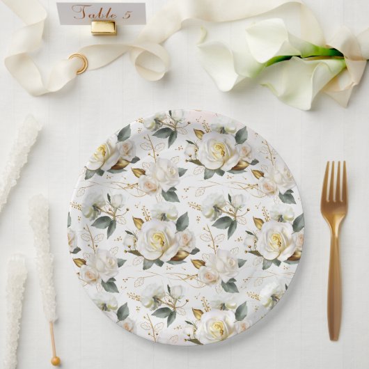 ホワイトローズ金ゴールドロマンチック結婚フローラ ペーパープレート (ウェディング)