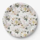 ホワイトローズ金ゴールドロマンチック結婚フローラ ペーパープレート (正面)