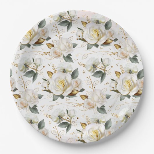 ホワイトローズ金ゴールドロマンチック結婚フローラ ペーパープレート (正面)