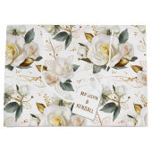 ホワイトローズ金ゴールドロマンチック結婚フローラ ラージペーパーバッグ (正面)