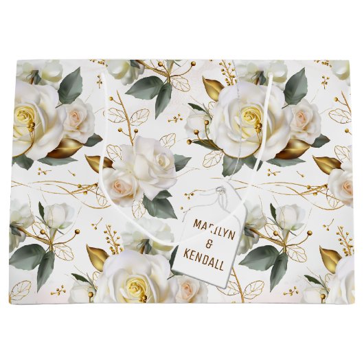 ホワイトローズ金ゴールドロマンチック結婚フローラ ラージペーパーバッグ (正面)