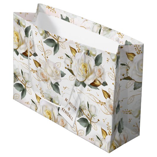 ホワイトローズ金ゴールドロマンチック結婚フローラ ラージペーパーバッグ (正面アングル)