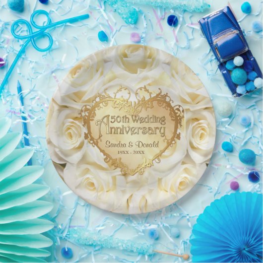 ホワイトローズ50結婚周年記念 ペーパープレート (パーティー)