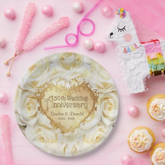 ホワイトローズ50結婚周年記念 ペーパープレート (パーティー)