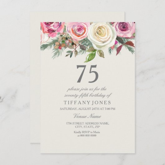 ホワイトローズ75位76位77位78位79誕生日 招待状 (正面/裏面)