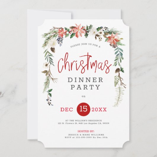 ホワイトローズ&クリスマスホリーリースディナー招待状 招待状 (正面)
