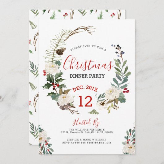 ホワイトローズ&クリスマスホリーリースパーティー招待状 招待状 (正面/裏面)
