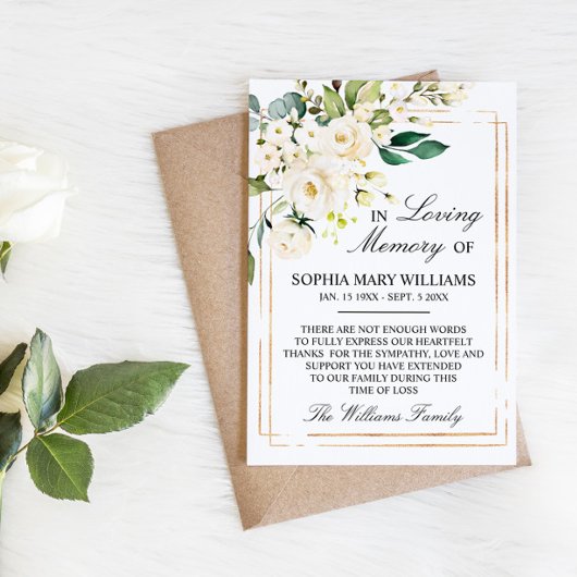 ホワイトローズ&グリーン葉悔やみや弔慰メモリ サンキューカード