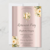 ホワイトローズ、シャンパングラス、バラ金ゴールド退職 招待状 (正面)
