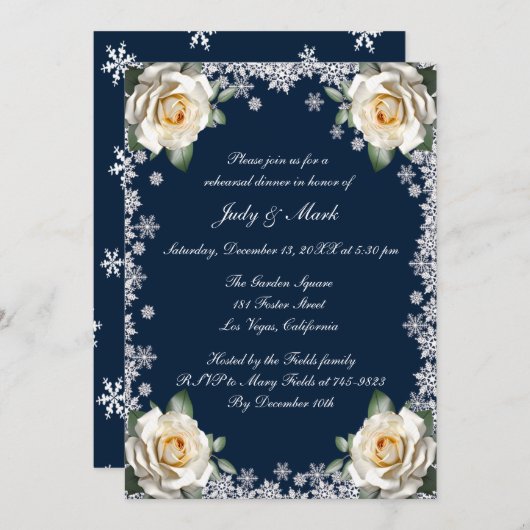 ホワイトローズ スノーフレーク クリスマス リハーサル ディナー 招待状 (正面/裏面)