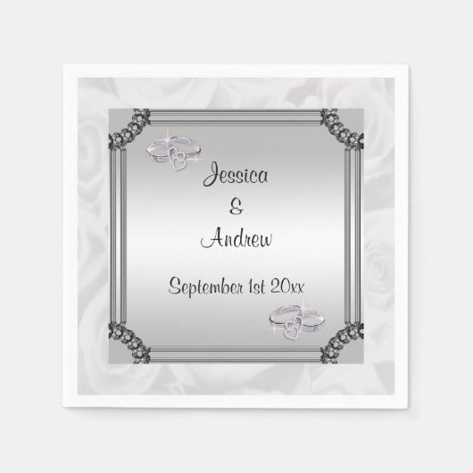 ホワイトローズ&ダイヤモンド結婚ズリングや輪 スタンダードカクテルナプキン (正面)