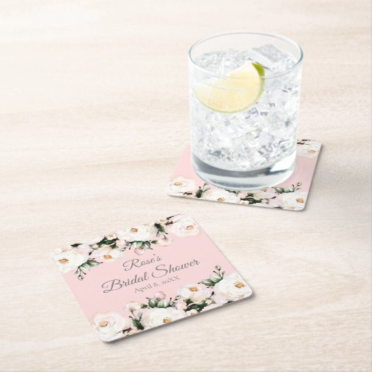 ホワイトローズ | ピンクのブライダルシャワー スクエアペーパーコースター (インサイチュ)