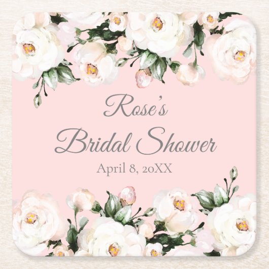 ホワイトローズ | ピンクのブライダルシャワー スクエアペーパーコースター (正面)