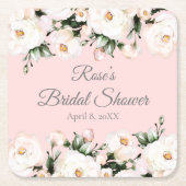 ホワイトローズ | ピンクブライダルシャワー スクエアペーパーコースター (正面)