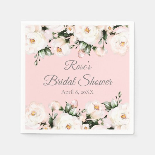 ホワイトローズ | ピンクブライダルシャワー スタンダードカクテルナプキン (正面)