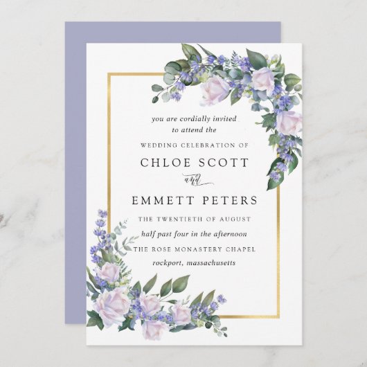 ホワイトローズ ブルーフラワーの結婚式 招待状 (正面/裏面)