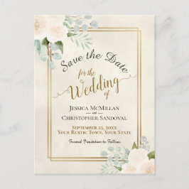 ホワイトローズ&ユーカリプタスウェディング日付を保存 案内ポストカード