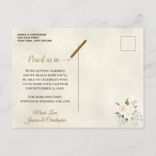 ホワイトローズ&ユーカリプタスウェディング日付を保存 案内ポストカード (裏面)