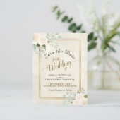 ホワイトローズ&ユーカリプタスウェディング日付を保存 案内ポストカード (スタンド正面)