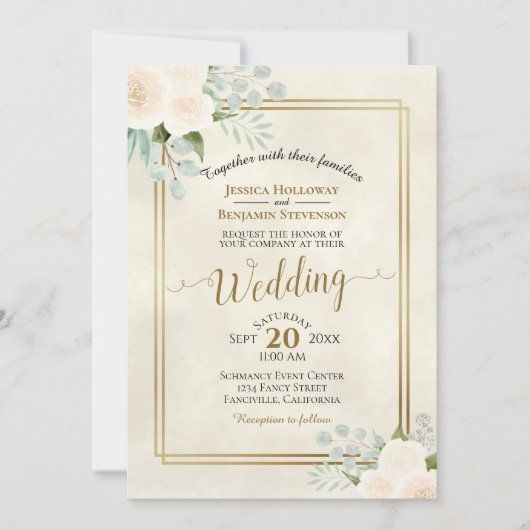 ホワイトローズ&ユーカリプトゥスボホウォーター結婚カラー 招待状 (正面)