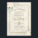 ホワイトローズ&ユーカリプトゥスボホウォーター結婚カラー 招待状<br><div class="desc">ホイル金ゴールドフレームを持つ斑入りアイボリーやクリーム色の背景に白淡い色のや非常に桃の水色のバラ、ユーカリ葉スのや緑と豪華なボホのシックなデザインを備えた美しい結婚式招待状でフェイクす。このタイポグラフィはレースのよう筆跡を含む。あなたの特別な日にあなたの家族と友人を招待状する素敵な共有への方法。</div>