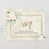 ホワイトローズ&ユーカリ金ゴールドウェディングRSVP ポストカード (正面/裏面)