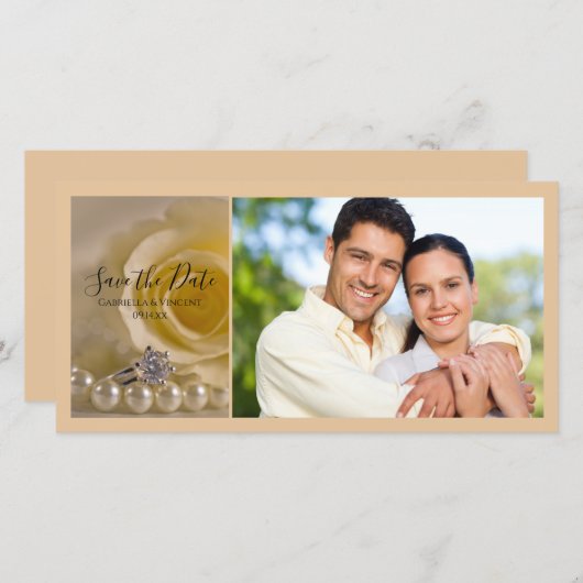 ホワイトローズ、リングや輪と真珠の結婚式の日付を保存 セーブザデート (正面/裏面)