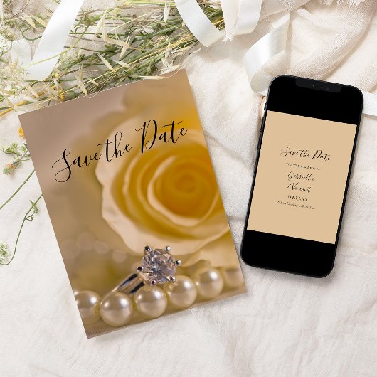 ホワイトローズ、リングや輪と真珠の結婚式の日付を保存 招待状