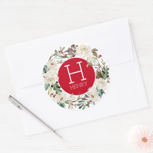 ホワイトローズ&レッドベリークリスマスリース ラウンドシール