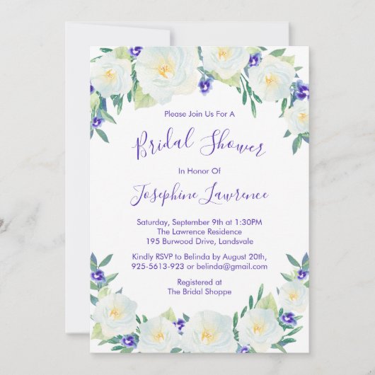 ホワイトローズ&ヴィオレットウォーターカラーブライダルシャワー 招待状 (正面)