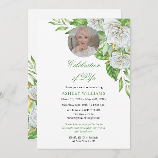 ホワイトローズ |緑のフローラの生活お祝い 招待状 (正面/裏面)