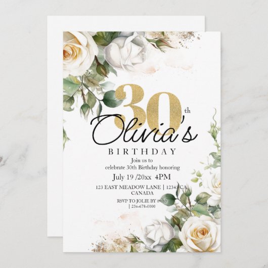 ホワイトローズ&金ゴールドダスティーフローラ30th Birthday 招待状 (正面/裏面)