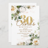 ホワイトローズ&金ゴールドダスティーフローラ30th Birthday 招待状 (正面/裏面)