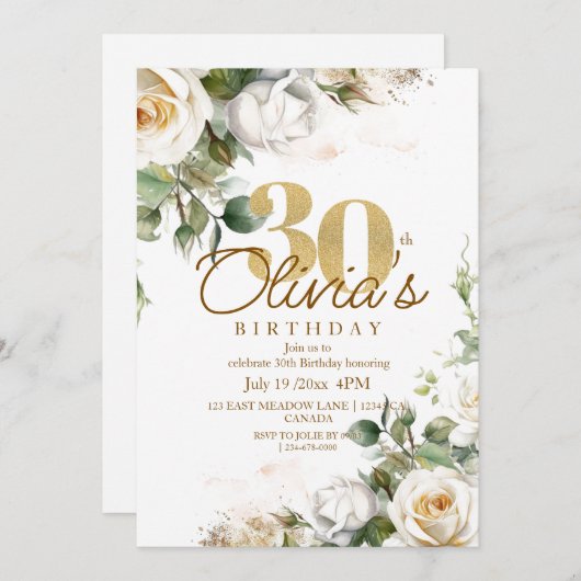 ホワイトローズ&金ゴールドダスティーフローラ30th Birthday 招待状 (正面/裏面)