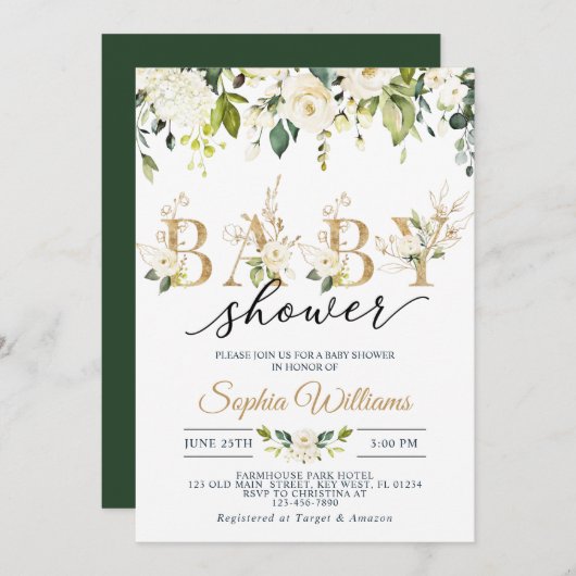 ホワイトローズ&金ゴールドユーカリプタスベビーシャワー 招待状 (正面/裏面)