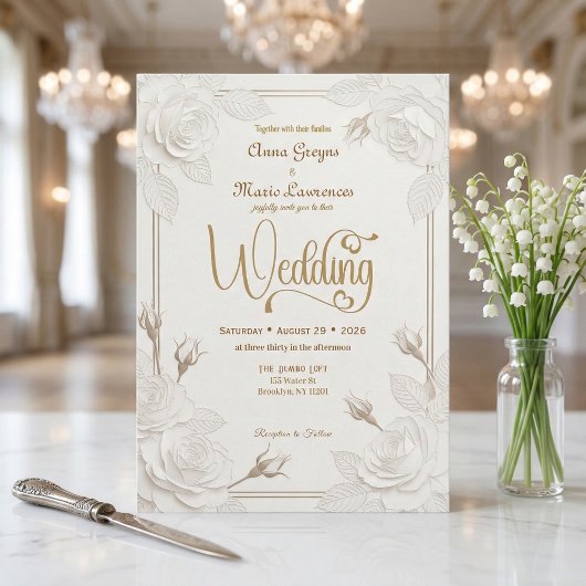 ホワイトローズ 3D ペーパーカット エフェクト 偽金 結婚式 招待状