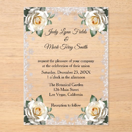 ホワイトローゼススノーフレーククリスマス結婚ズ アクリル招待状 (正面)