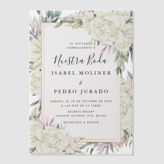 ホワイトローゼスフローラヌエストラボダスペインの結婚ズ ベラム紙招待状 (正面)