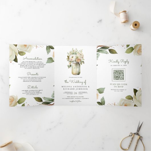 ホワイトローゼス葉セージズMason Jar QRコード結婚ズ 三つ折り招待状 (内部)