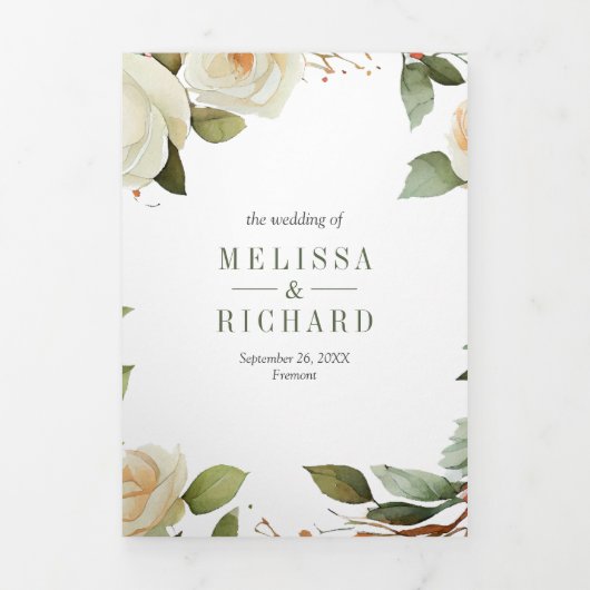 ホワイトローゼス葉セージズMason Jar QRコード結婚ズ 三つ折り招待状 (カバー)