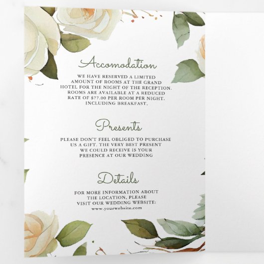 ホワイトローゼス葉セージズMason Jar QRコード結婚ズ 三つ折り招待状 (内部最初)