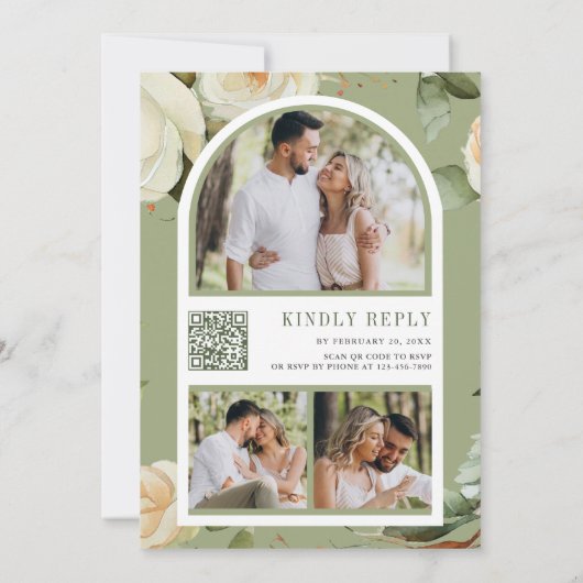 ホワイトローゼス葉セージズMason Jar QRコード結婚ズ 招待状 (裏面)