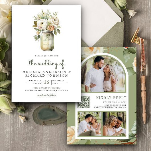 ホワイトローゼス葉セージズMason Jar QRコード結婚ズ 招待状