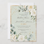 ホワイトローゼス金ゴールドセージ緑エレガントな結婚式 招待状 (正面)