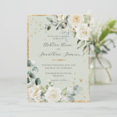 ホワイトローゼス金ゴールドセージ緑エレガントな結婚式 招待状 (スタンド正面)