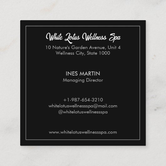 ホワイトロータスインウォーターウェルネススパブラック スクエア名刺 (裏面)