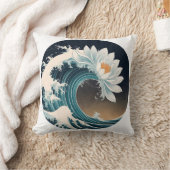 ホワイトロータス&海ウェーブ – 優雅な動き クッション (ブランケット)